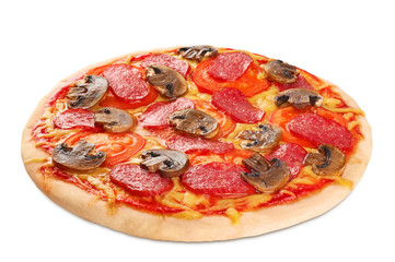 Pizza with sausage and mushrooms on a white background.