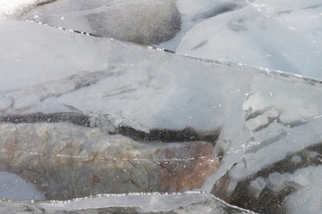 Crack on an ice surface of the frozen river, a natural backgroun