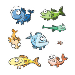 Cute cartoon fishes set  of the different sizes. Doodle style. 