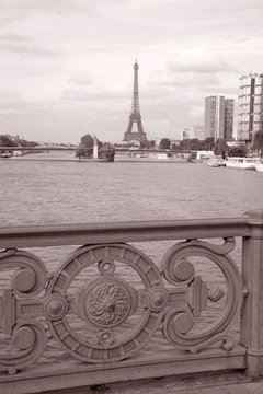 Fototapeta Eiffel Tower from Bridge in Black and White Sepia Tone, Paris, France