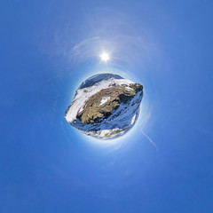 Two top of the mountain in winter. Spherical Panorama 360, little planet