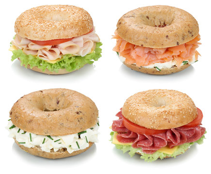 Collage von Bagels zum Fr&uuml;hst&uuml;ck mit Schinken, Lachs und Frisc