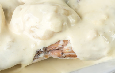 Delicious duck meat with potato dumplings.