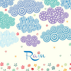 Cute spring card with decorative clouds and flowers.