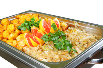 Catering food tray on white background