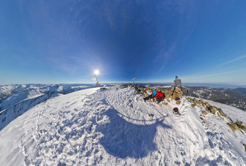 Hikers on the top of the mountain. Spherical Panorama 360