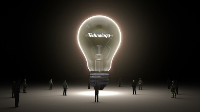 Typo 'Technology ' in light bulb and surrounded businessmen, engineers, idea concept version (included alpha)