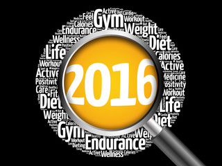 2016 health and sport goals word cloud with magnifying glass, health concept