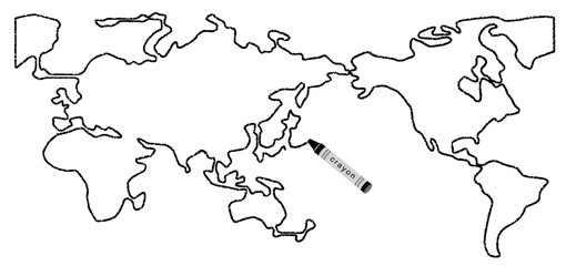 世界地図　一筆描き　クレヨン
