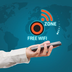 Business hand showing a mobile with wifi connection