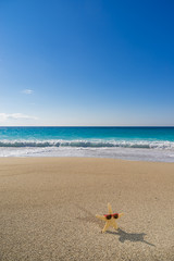 Obraz na płótnie Canvas Starfish with sunglasses on the beach