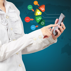 Modern mobile phone in a business hand show infographic of busin