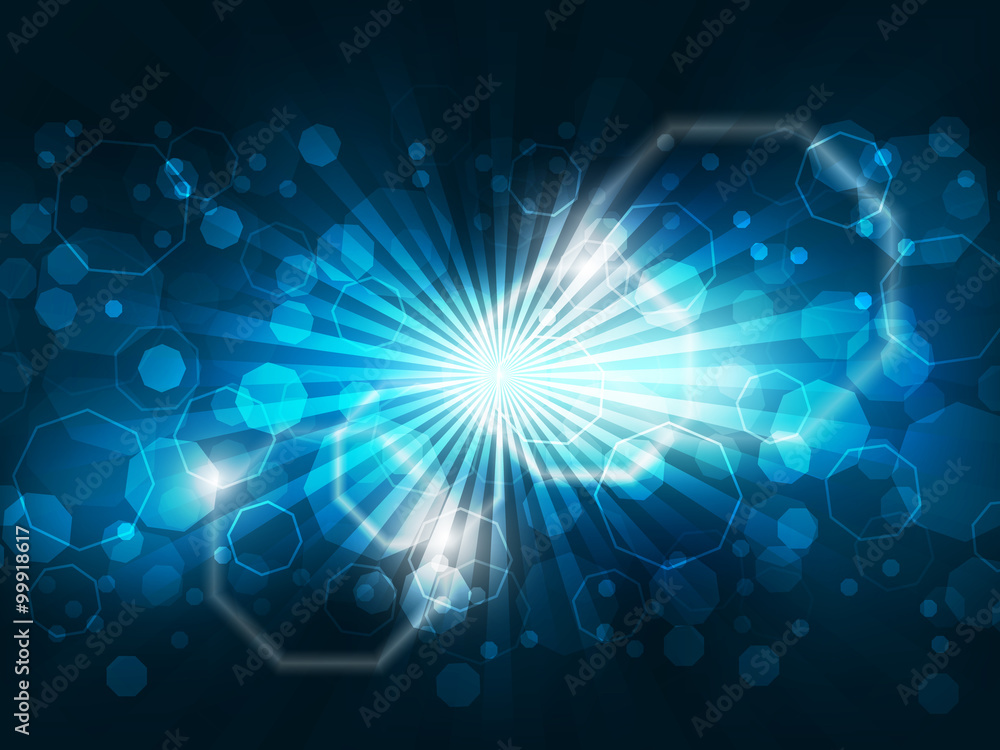 Poster abstract vector background with lights and glowing octagons shape.