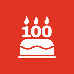 The birthday cake with candles in the form of number 100 icon. Birthday symbol. Flat