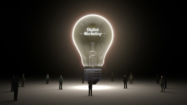 Typo 'Digital marketing' in light bulb and surrounded businessmen, engineers, idea concept version (included alpha)