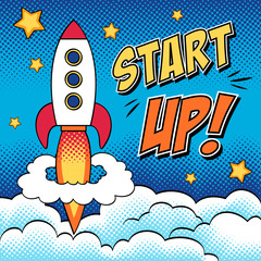 Comic illustration of start up concept with a rocket in pop art