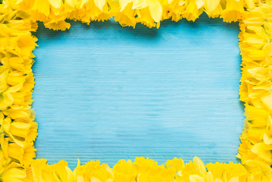 Daffodils on wooden background