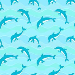 Naklejka premium Vector seamless pattern with dolphins on waves background.