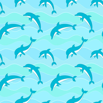 Vector seamless pattern with dolphins on waves background.