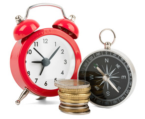 Compass with alarm clock and coins