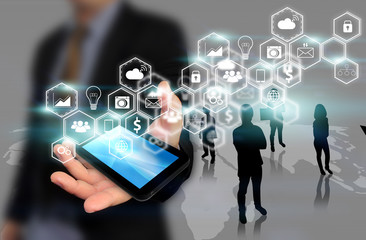 Businessman holding social media concept.