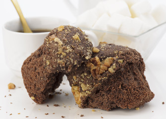 muffins, coffee and sugar, breakfast on white background