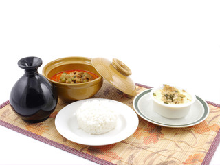 Thai steamed eggs pork chop with pork curry rice set .