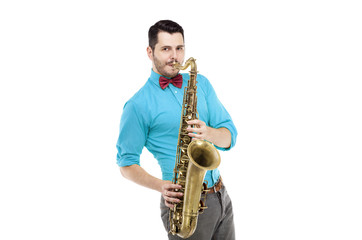Obraz na płótnie Canvas saxophone player in bright blue shirt with bowtie, isolated on white background. stylish man musician look into camera. musical teacher