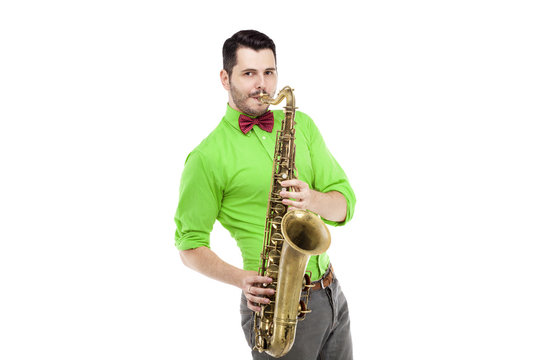 saxophone player in bright blue shirt with bowtie, isolated on white background. stylish man musician look into camera. musical teacher