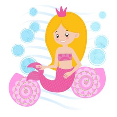 Blonde Mermaid surrounded by air bubbles and shells vector illus