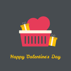 Valentines shoping basket with heart and gifts. Vector illustration.