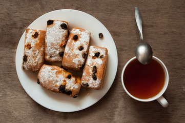 Breakfast with fresh fragrant sweet cupcakes