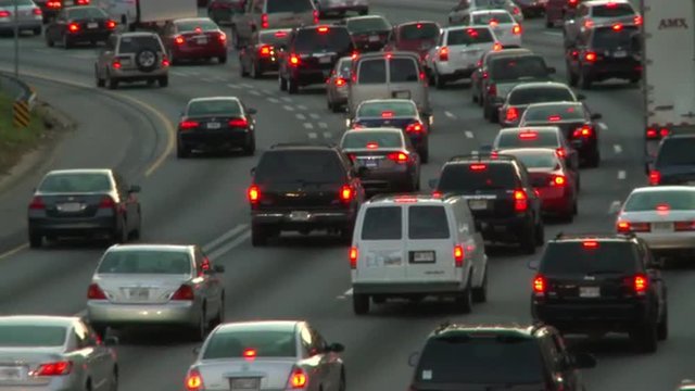 Heavy city traffic at dusk commute in Atlanta, Georgia.