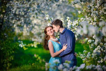 Fototapeta premium Young beautiful couple in love among apple trees