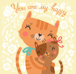 Floral cute background with mother cat and baby cat