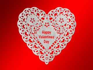 Valentine card, white heart lacy paper  isolated on red background