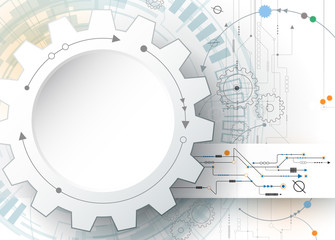 Obraz premium Vector illustration gear wheel and circuit board, Hi-tech digital technology and engineering, digital telecoms technology concept. Abstract futuristic on light gray blue color background