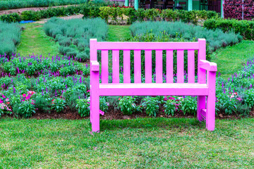 Pink wooden bench among the flower garden.