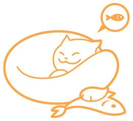 Vector outline sleeping cat, with fish