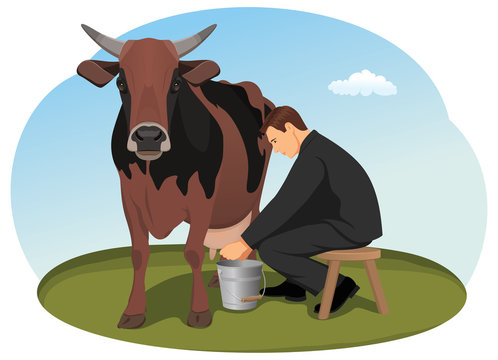 Businessman is milking the cash cow by hand. A stable source of revenue. Taxes.