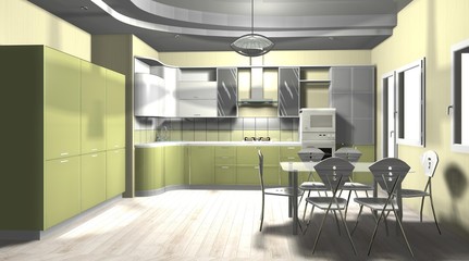 kitchen interior green white  colors in modern style 3D rendering illustration