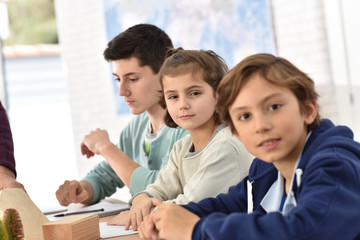 Portrait of 10-year-old school boy in class