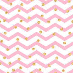 Chevron zigzag pink and white seamless pattern with golden shimmer polka dots. Vector geometric monochrome stripe with glitter spots.