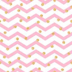 Draagtas Chevron zigzag roze en wit naadloos patroon met gouden glinsterende polka dots. Vector geometrische monochrome streep met glitter vlekken. © YoPixArt