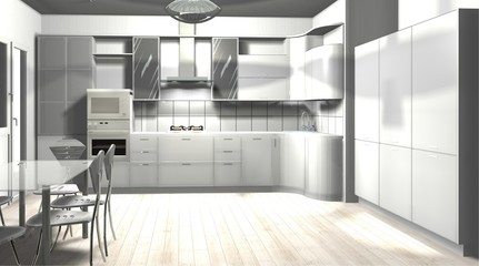 Fototapeta na wymiar kitchen interior white color 3D rendering illustration