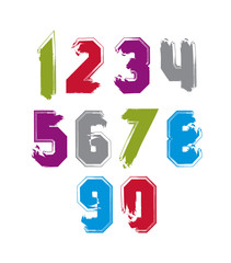 Stroked bright numbers set drawn with real ink brush, vector 