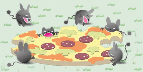 Funny critters with the pizza