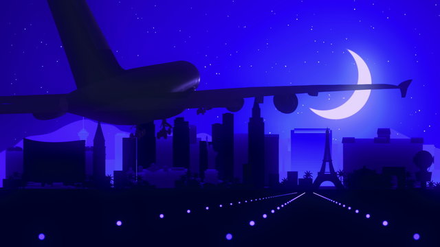 Las Vegas Nevada Casino Gamble City America Tourism Airplane Landing Travel Journey Skyline Voyage Sightseeing Silhouette Background Blue Night Moon Romantic Usefull for commercial films