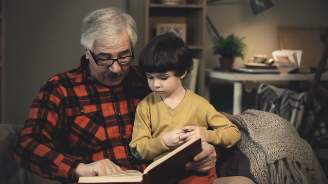 Grandfather showing his cute grandson book illustrations and telling a story 