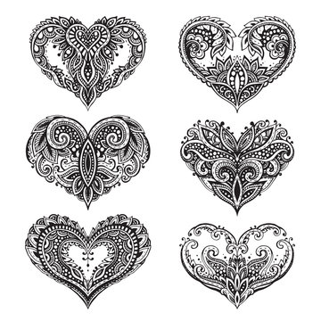 Set of beautiful hand drawn vector hearts in zentangle style